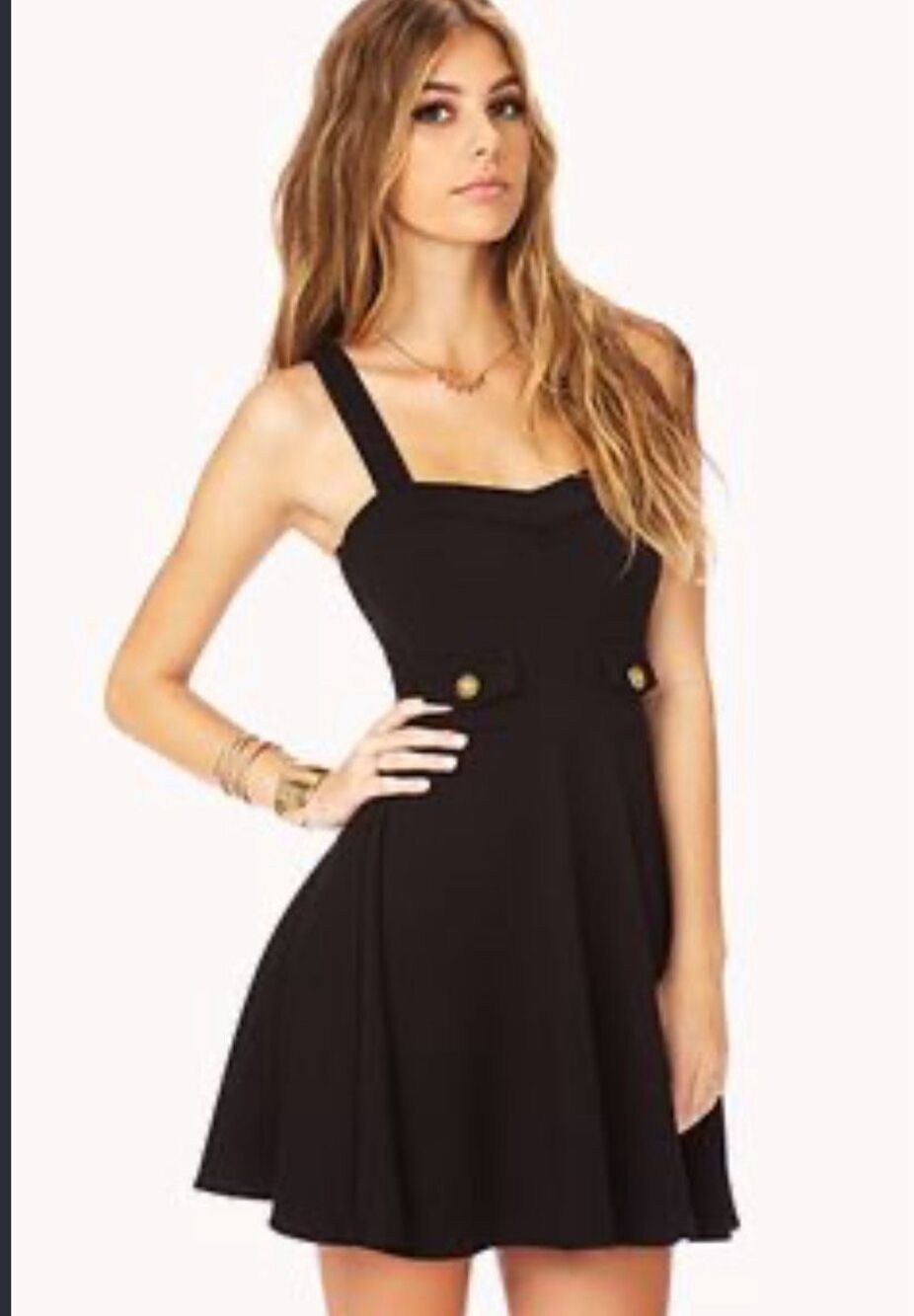 Forever 21/Ellen Black Textured Skater Mini Dress Gold Buttons XS